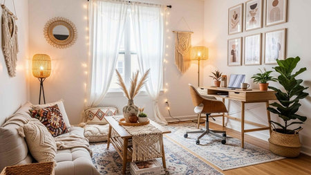 Interior of a cozy living room with a sofa, a table and a chairの写真素材