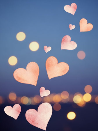 valentine's day background with hearts and bokeh lightsの写真素材
