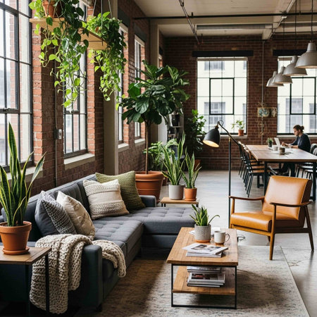 Interior of modern cafe with brick walls, concrete floor, comfortable sofa, coffee table and plantsの写真素材