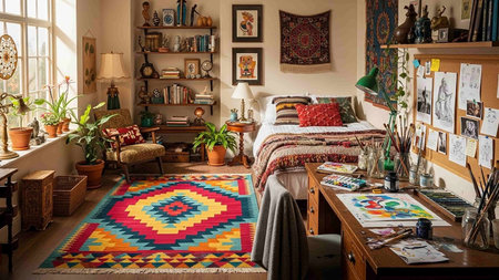 Interior of a painting studio with a lot of colorful elements.の写真素材