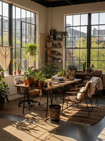 Luxury home office with wooden furniture, plants and window.の写真素材