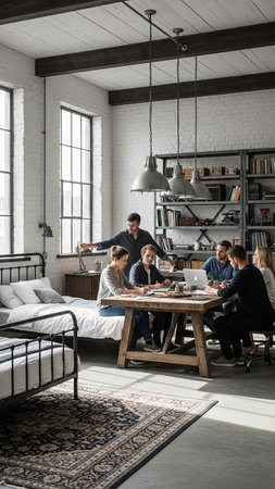 Group of business people discussing business plan at meeting in modern loft officeの写真素材