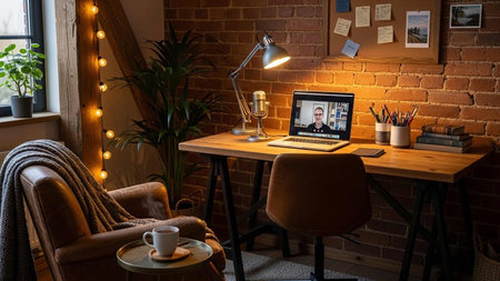 Businesswoman having a video call with her colleagues on laptop at homeの写真素材
