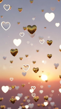 Heart bokeh on sunset sky background. Valentine's day conceptの写真素材