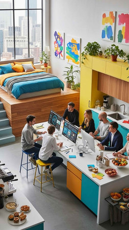 Group of business people having a meeting in a bright and bright officeの写真素材