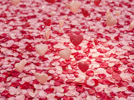 Red heart and rose petals background. Valentine's day concept.の写真素材
