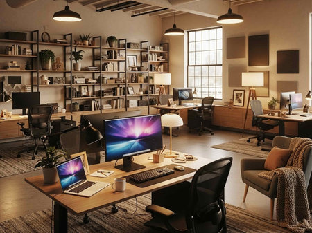 Interior of modern office with computers and other equipment. 3d renderingの写真素材