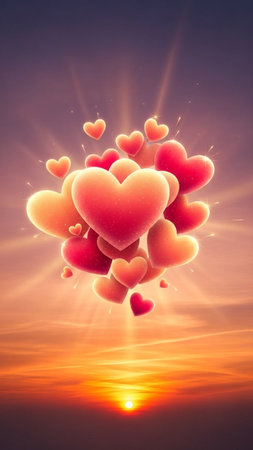 Hearts on sunset background. Love concept. 3D Renderingの写真素材