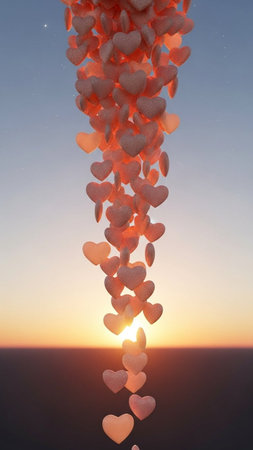 Love and valentine's day concept. Flying hearts on sunset sky backgroundの写真素材
