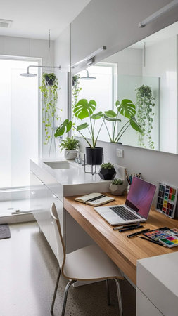 Interior of a modern house, wooden desk with laptop and plantの写真素材