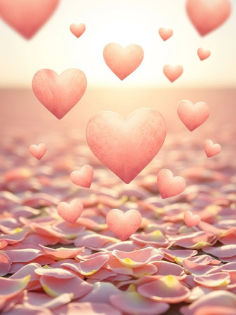 Valentine's day background with heart shape on pink petalsの写真素材