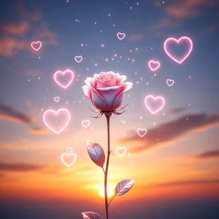 Pink rose on the background of the sky with hearts. Valentine's Day.の写真素材