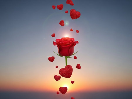 Red rose with hearts on a background of sunset. 3d renderingの写真素材