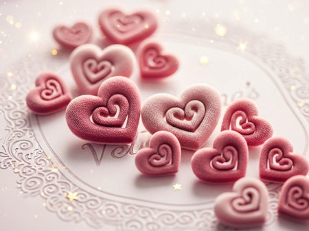 Valentine's day background with pink hearts on a white plateの写真素材