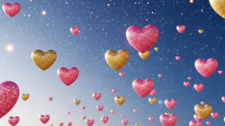 Valentines day background with hearts and blue sky. 3d renderingの写真素材