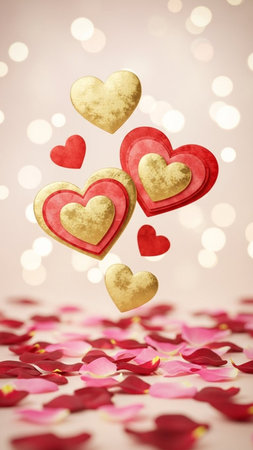 Valentines day background with red hearts and rose petals.の写真素材