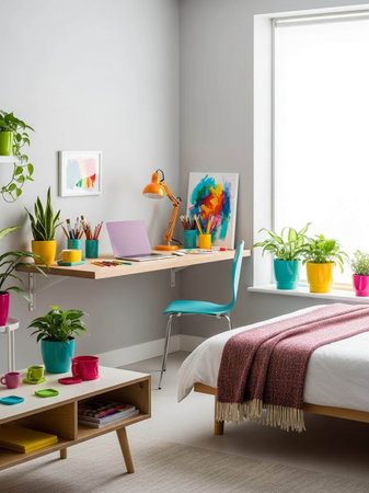 interior of modern bedroom with desk, chair, laptop and plantsの写真素材