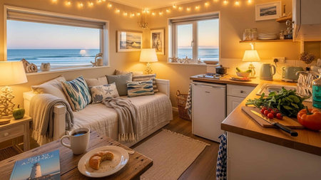 Interior of a bedroom with a beautiful view of the sea.の写真素材