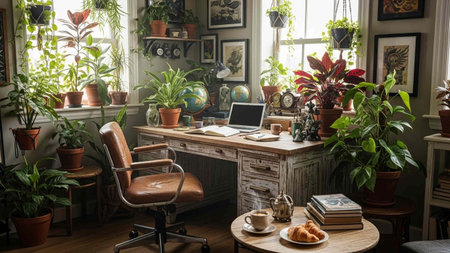 Interior of a home office with plants, coffee and a laptopの写真素材