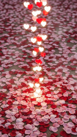 Valentine's day background with red and white hearts on concrete floorの写真素材