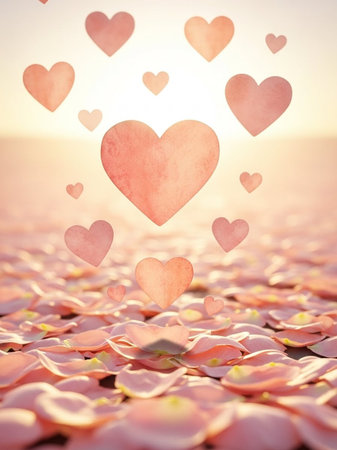 Pink rose petals on the beach with heart shape bokeh backgroundの写真素材