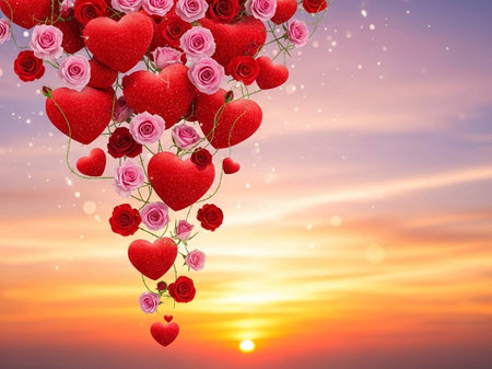 Red heart with rose flowers on sunset sky background. Valentine's day conceptの写真素材