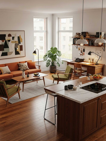 Interior of a modern kitchen with a living room and dining areaの写真素材