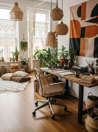 Interior of living room in loft style with wooden furniture and plantsの写真素材