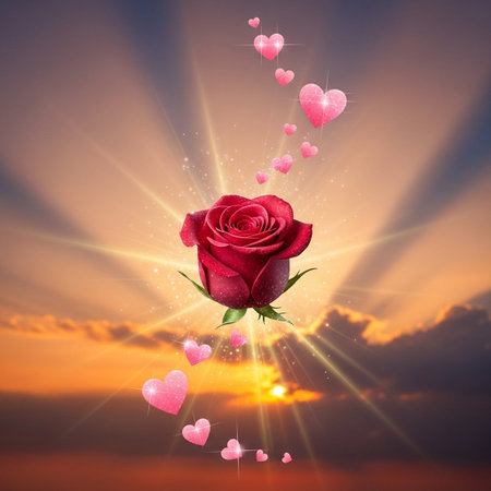 Red rose on the background of the sky with hearts and rays of lightの写真素材