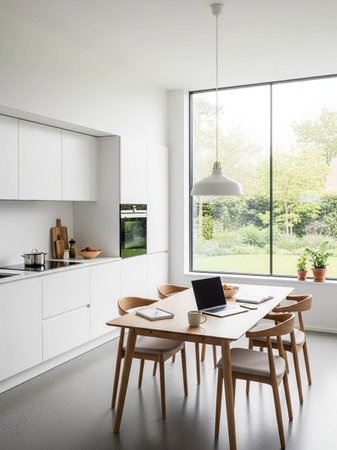 interior of new modern house, white kitchen and dining room with windowの写真素材
