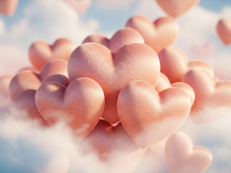 Heart shaped balloons in the sky. Valentines day background. Vintage tonedの写真素材