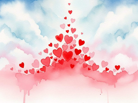 Watercolor valentine background with hearts and clouds. Watercolor illustrationの写真素材