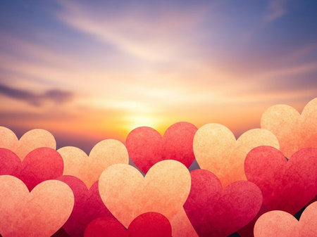 Valentine's day background with red paper hearts and sunset skyの写真素材