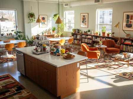 Interior of a modern kitchen with orange armchairs and a coffee tableの写真素材