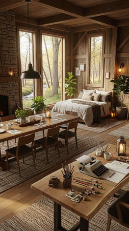 Luxury bedroom with wooden furniture, coffee table, lamp, bedside table, bookcase and other itemsの写真素材