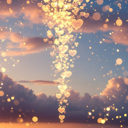 Heart shaped bokeh lights on a blue sky background. 3d renderingの写真素材