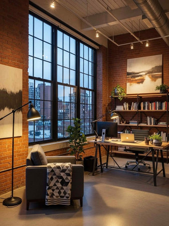 Interior of a modern office with brick walls, loft windows, comfortable armchairs and computers.の写真素材