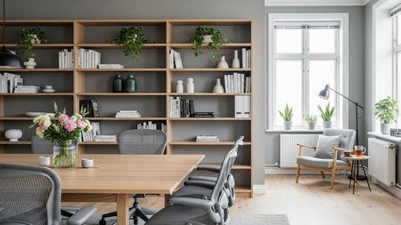 Interior of a modern office with gray walls, a wooden floor and a large window. 3d renderの写真素材