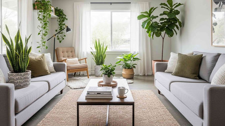 Interior of modern living room with sofa, coffee table and plantsの写真素材