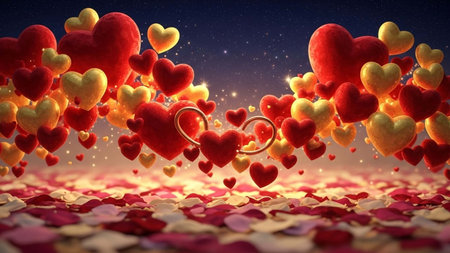 Wedding rings on the background of hearts. 3D renderingの写真素材