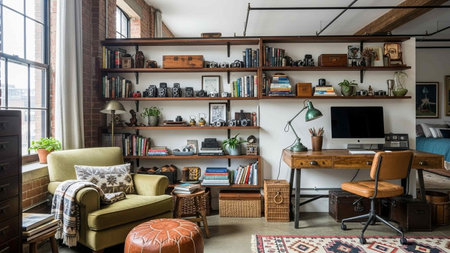 Interior of a living room in an old house with bookshelfの写真素材