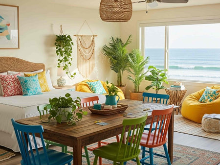 Interior of a cozy bedroom with a large window overlooking the seaの写真素材