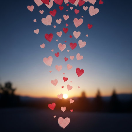valentine's day background with falling red hearts on sunset skyの写真素材