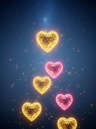 Glowing hearts on the background of the starry sky. 3D renderingの写真素材