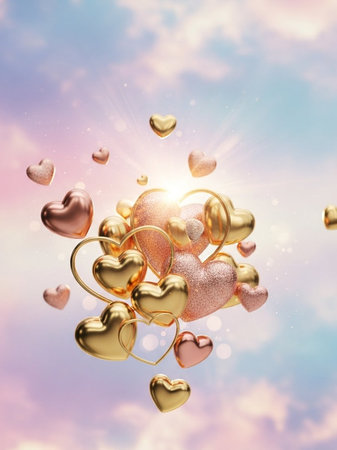 Valentine's day background with golden hearts. 3D renderingの写真素材