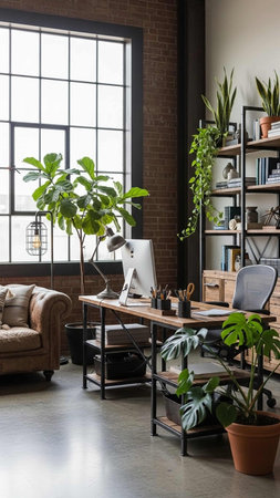 Interior of a modern office with furniture and plants. Nobody insideの写真素材