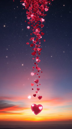 Valentine's day background with flying red hearts in the skyの写真素材