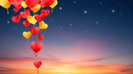 Valentine's day background with red and yellow heart balloons in the skyの写真素材