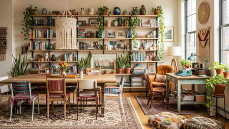 Interior of a cozy home library with bookshelves and a wooden tableの写真素材