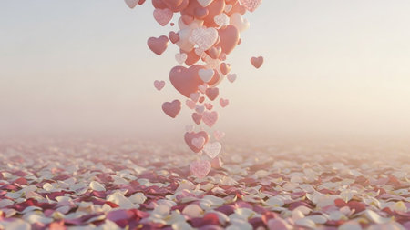 Heart shaped confetti in the air. Valentine's day background.の写真素材